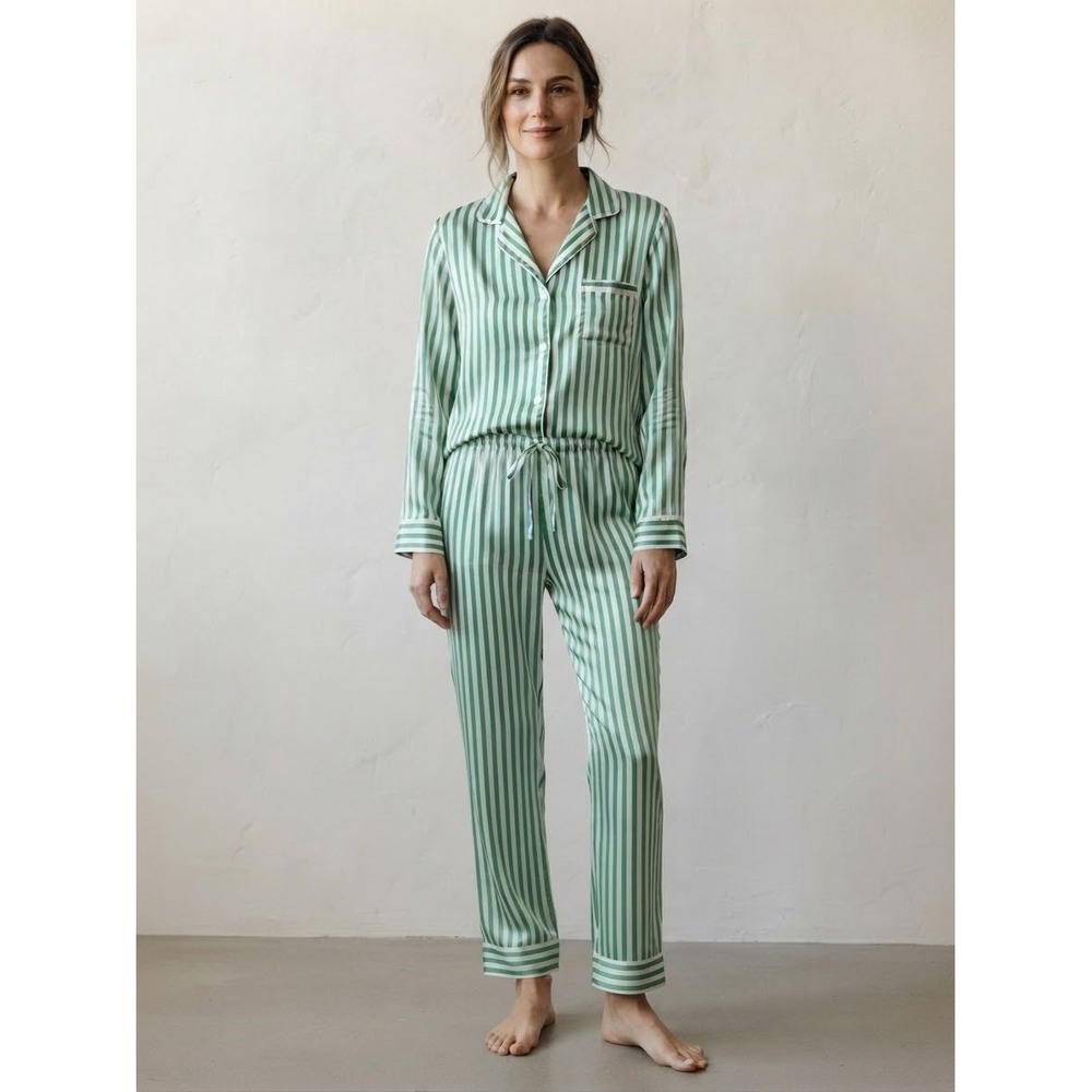 Serenedelicacy Womens Pajama Set Green XL Satin Striped Button Down Loungewear